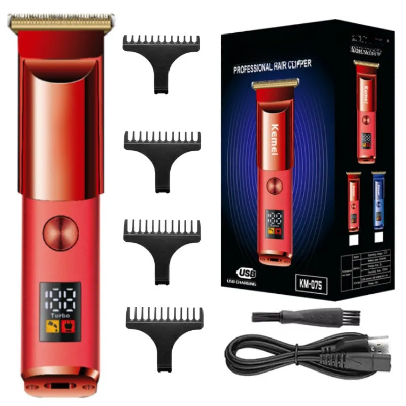 Professional hair trimmer for men with LCD display, stainless steel blade, and accessories including limit combs and USB cable.