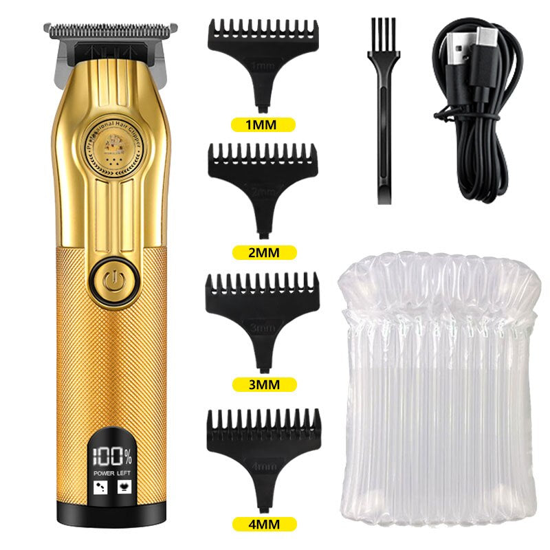 Professional Hair Trimmer Gold Clipper for Men, featuring a sleek design, USB charging port, and ergonomic grip for easy handling.