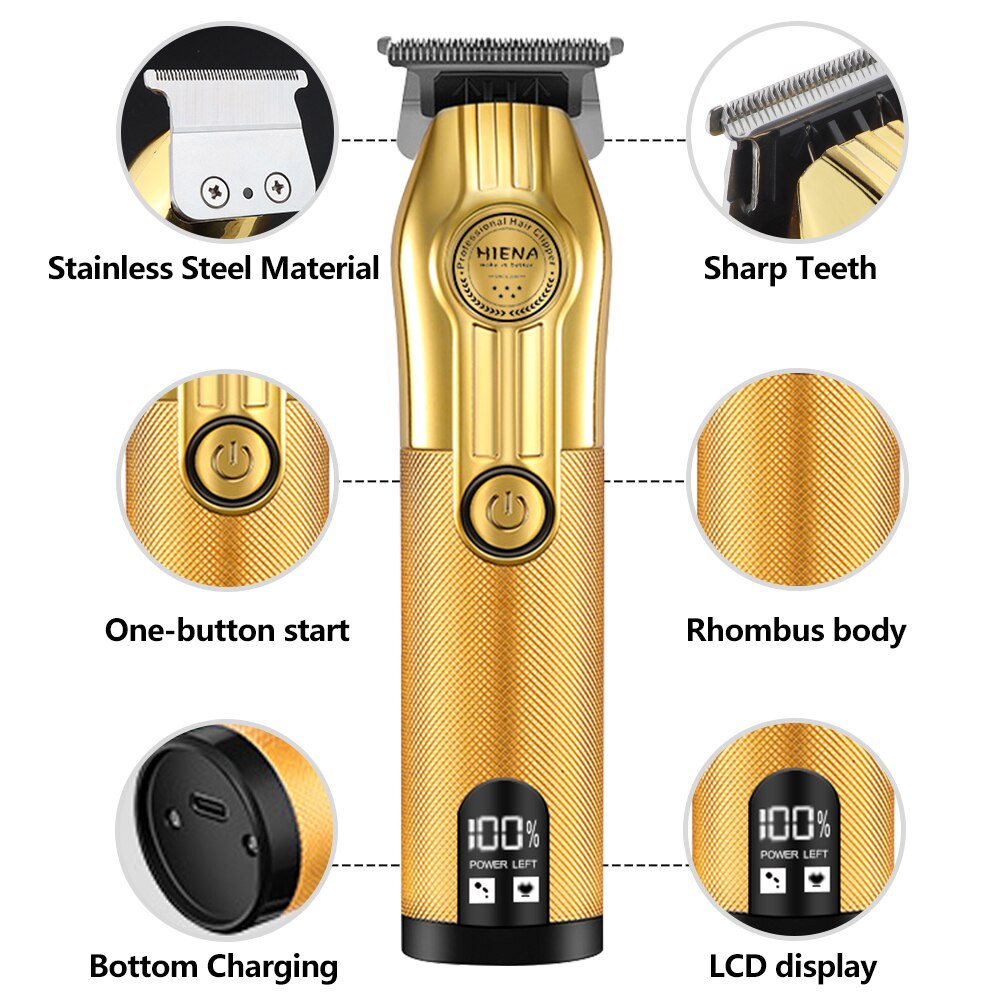 Professional Hair Trimmer Gold Clipper for Men, featuring a sleek design, USB charging port, and ergonomic grip for easy handling.