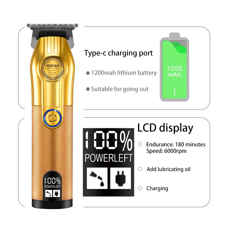 Professional Hair Trimmer Gold Clipper for Men, featuring a sleek design, USB charging port, and ergonomic grip for easy handling.