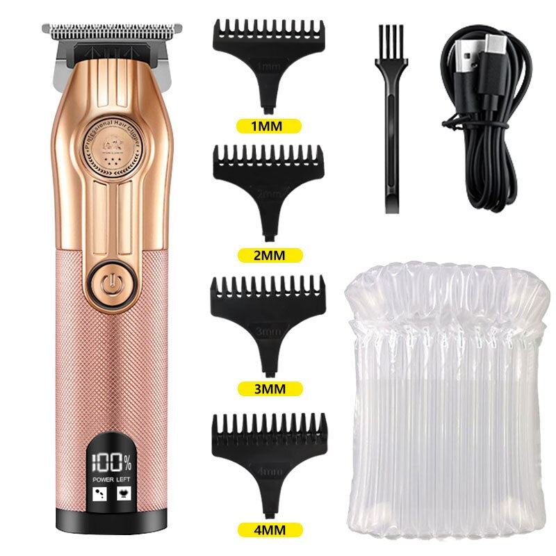 Professional Hair Trimmer Gold Clipper for Men, featuring a sleek design, USB charging port, and ergonomic grip for easy handling.