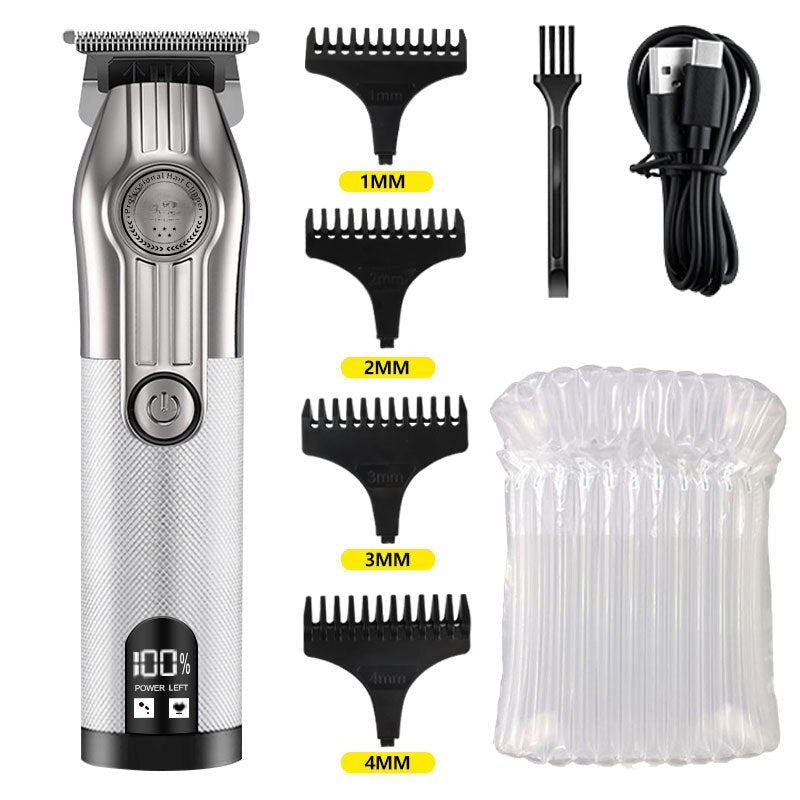 Professional Hair Trimmer Gold Clipper for Men, featuring a sleek design, USB charging port, and ergonomic grip for easy handling.