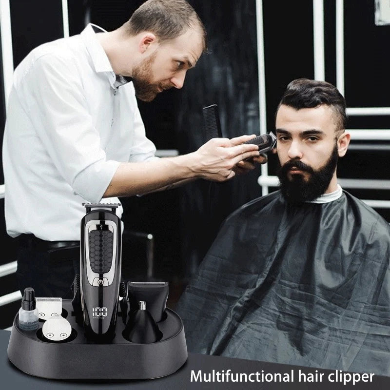 Professional Hair Trimmer Waterproof 5 in 1 Hair Clipper with various attachments and sleek design.