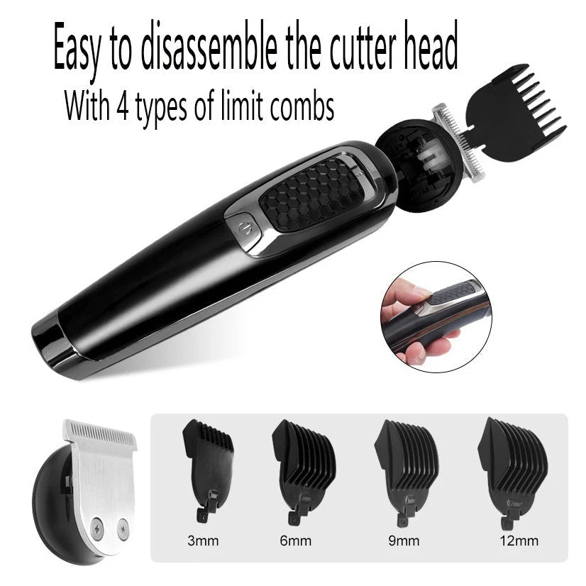 Professional Hair Trimmer Waterproof 5 in 1 Hair Clipper with various attachments and sleek design.