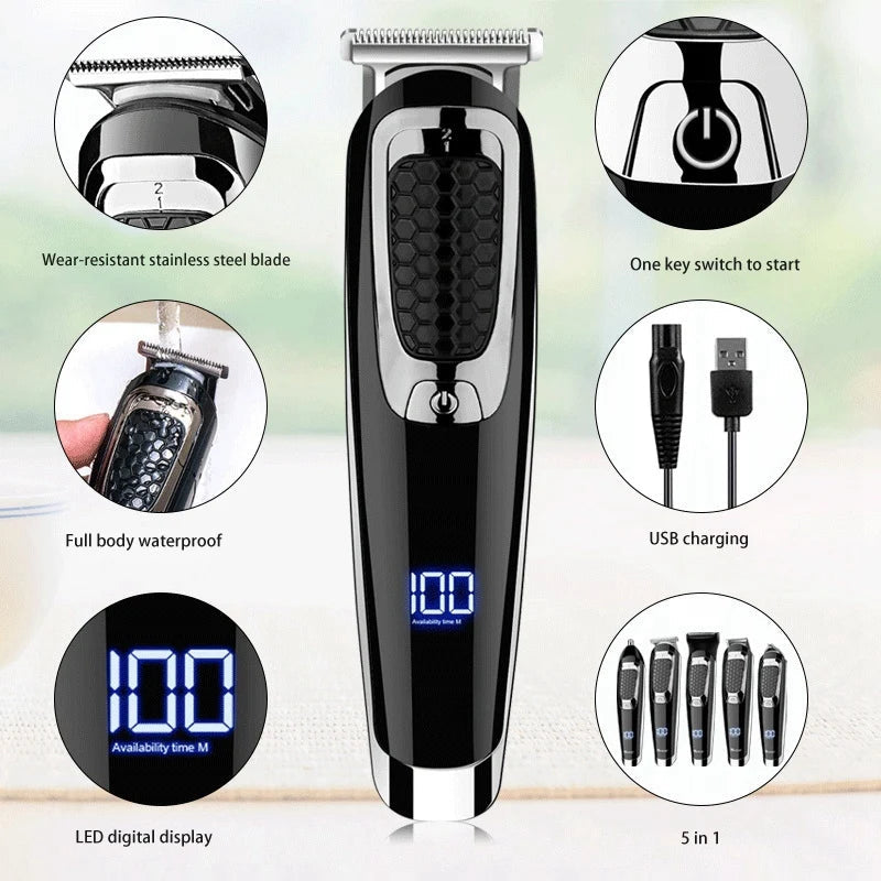 Professional Hair Trimmer Waterproof 5 in 1 Hair Clipper with various attachments and sleek design.