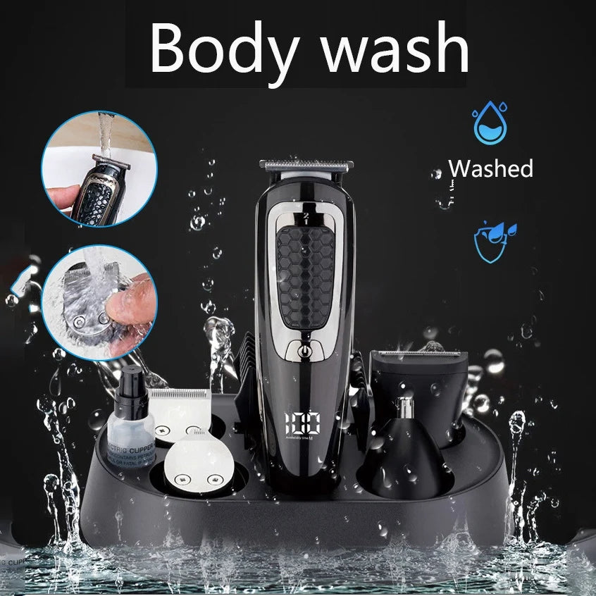 Professional Hair Trimmer Waterproof 5 in 1 Hair Clipper with various attachments and sleek design.