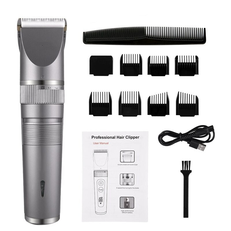 Professional Haircut Machine Electric Clippers with titanium ceramic cutter head and adjustable length settings, designed for precise hair trimming.