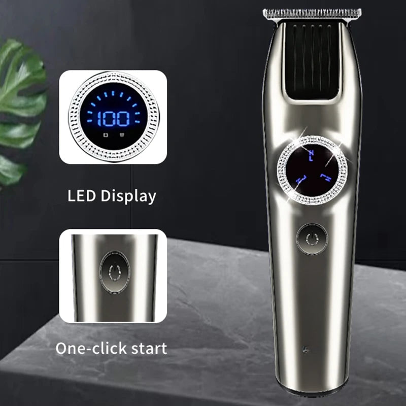 Professional Men Hair Clippers with LED display, designed for 0mm bald head trimming, featuring limit combs and a sleek ergonomic design.