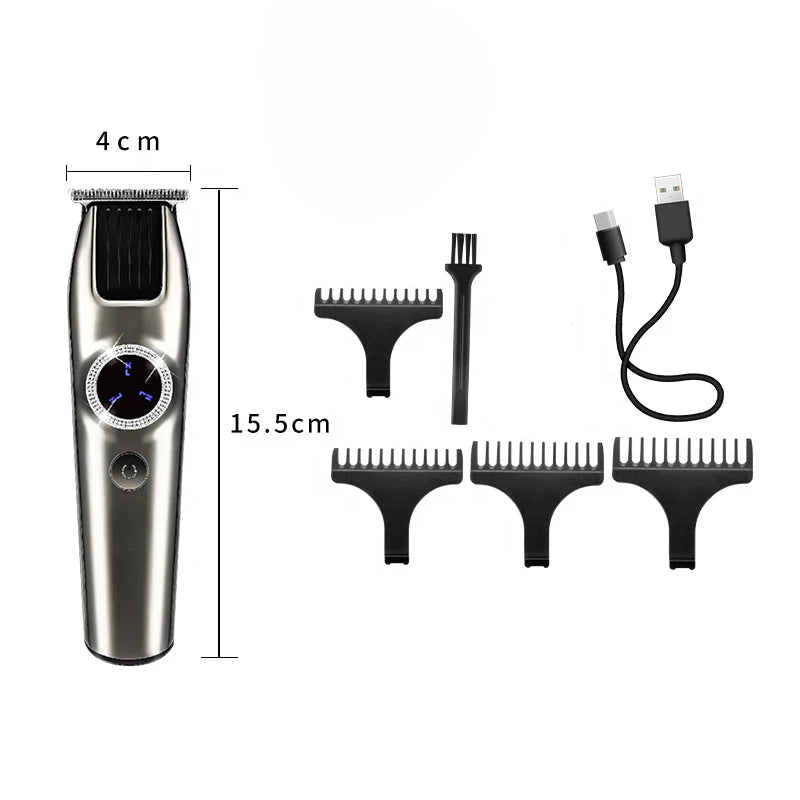 Professional Men Hair Clippers with LED display, designed for 0mm bald head trimming, featuring limit combs and a sleek ergonomic design.