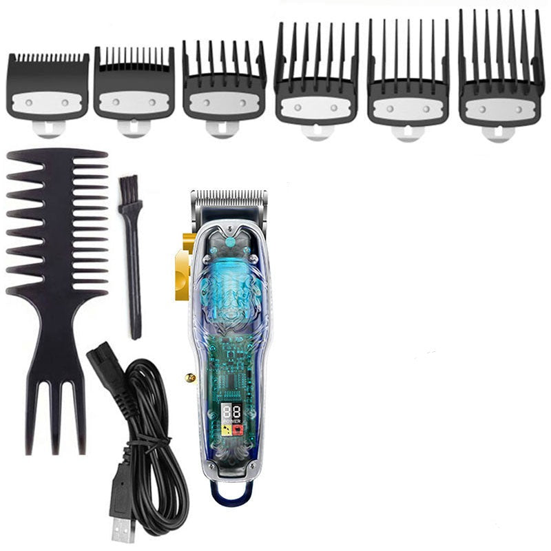 Professional Men's Adjustable Electric Hair Clipper with LCD display and multiple attachment combs for versatile grooming.