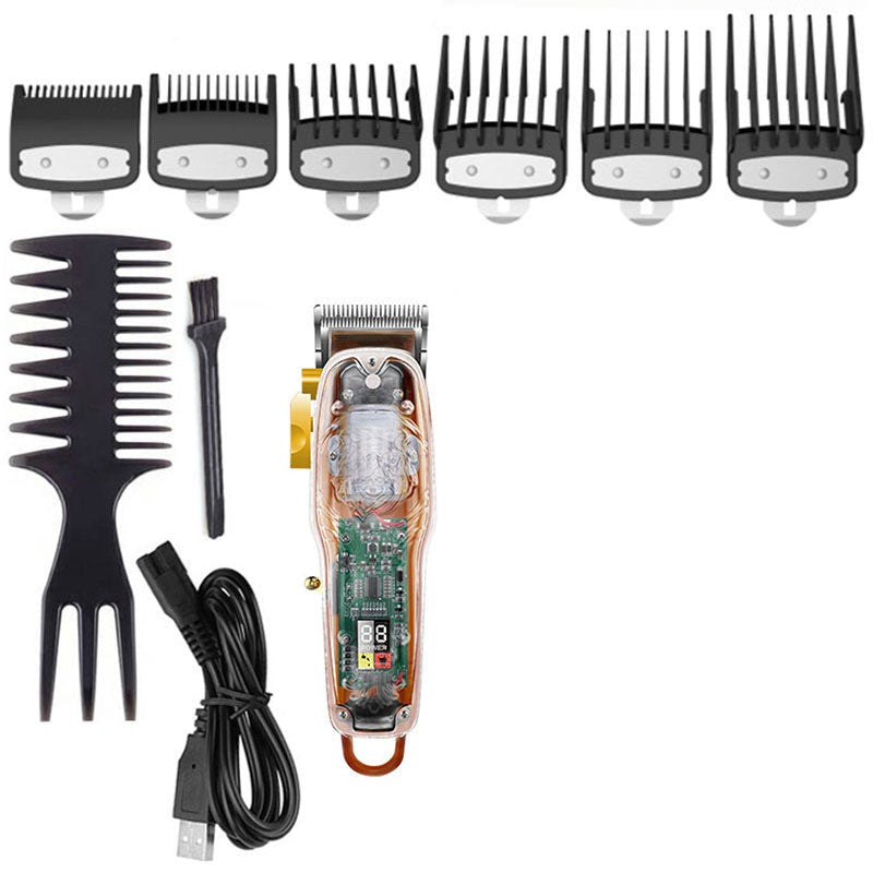 Professional Men's Adjustable Electric Hair Clipper with LCD display and multiple attachment combs for versatile grooming.