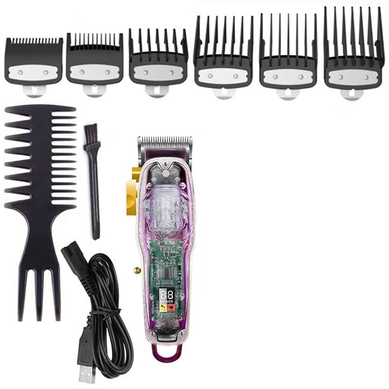 Professional Men's Adjustable Electric Hair Clipper with LCD display and multiple attachment combs for versatile grooming.