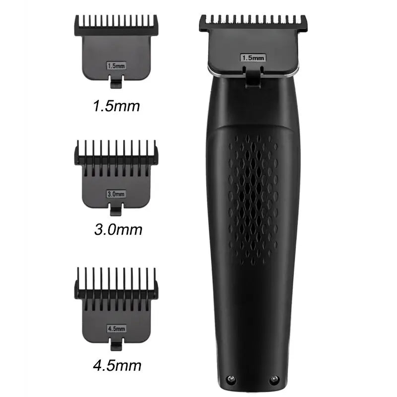 Professional rechargeable men's hair trimmer with engraved notch styling, showcasing its sleek design and accessories.