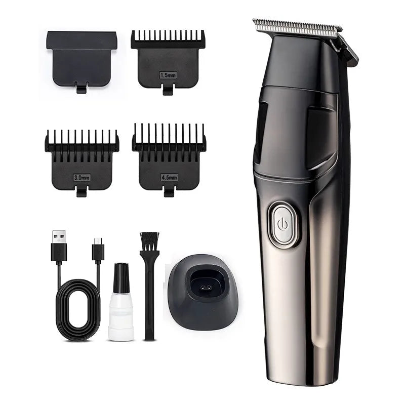 Professional rechargeable men's hair trimmer with engraved notch styling, showcasing its sleek design and accessories.