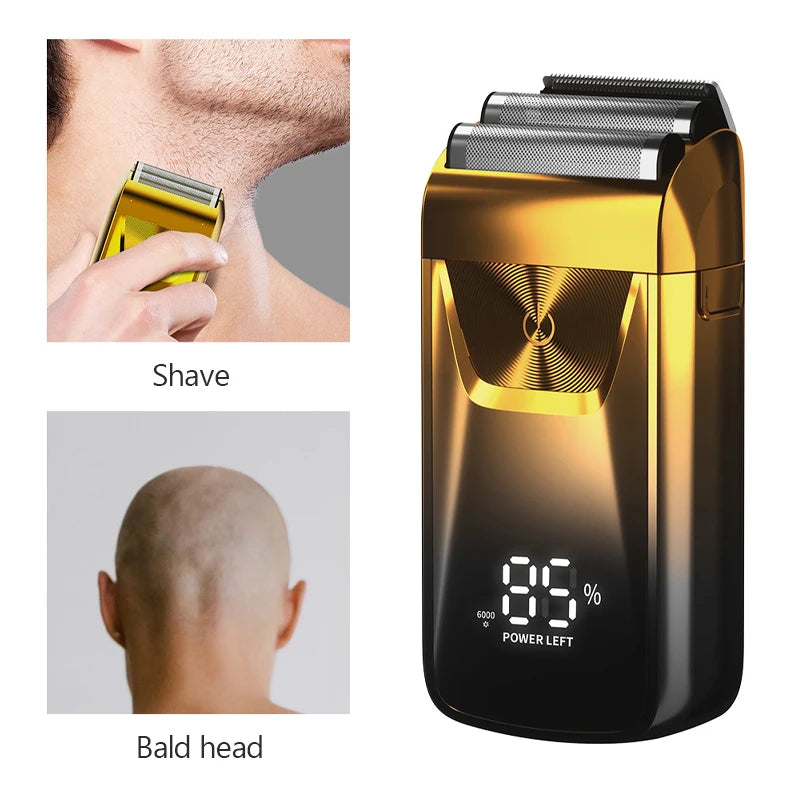 Professional electric shaver with trapezoidal cutter head, USB charging port, and sleek design for efficient hair cleaning and shaping.