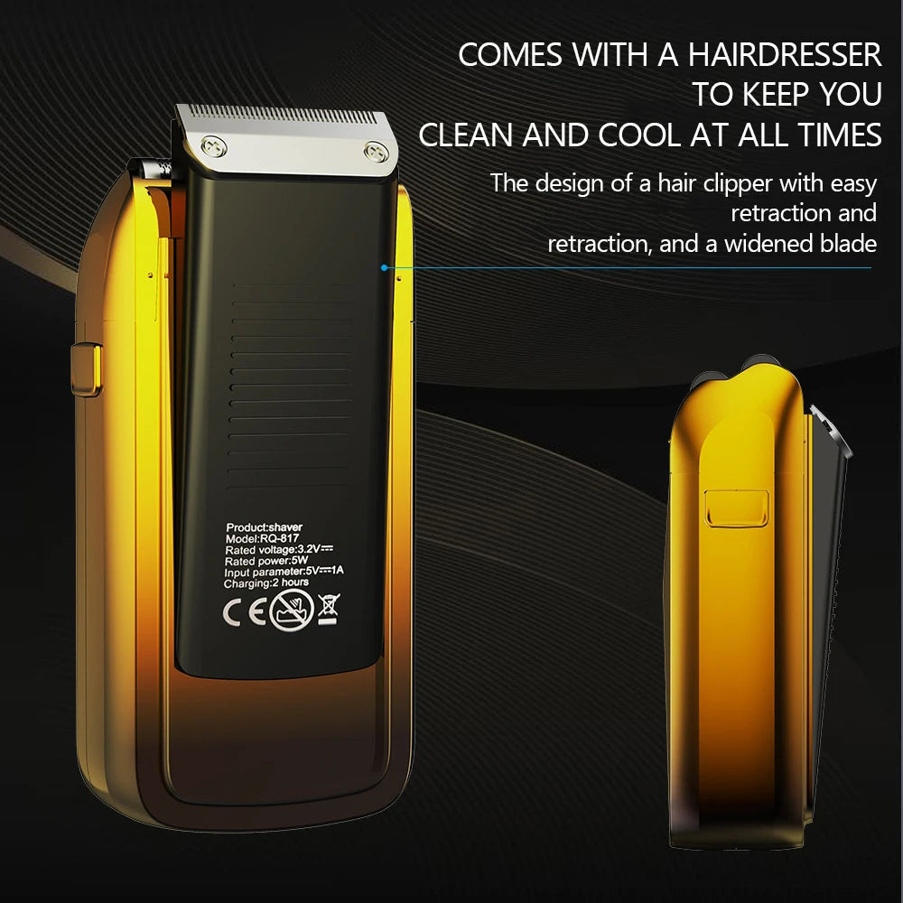 Professional electric shaver with trapezoidal cutter head, USB charging port, and sleek design for efficient hair cleaning and shaping.