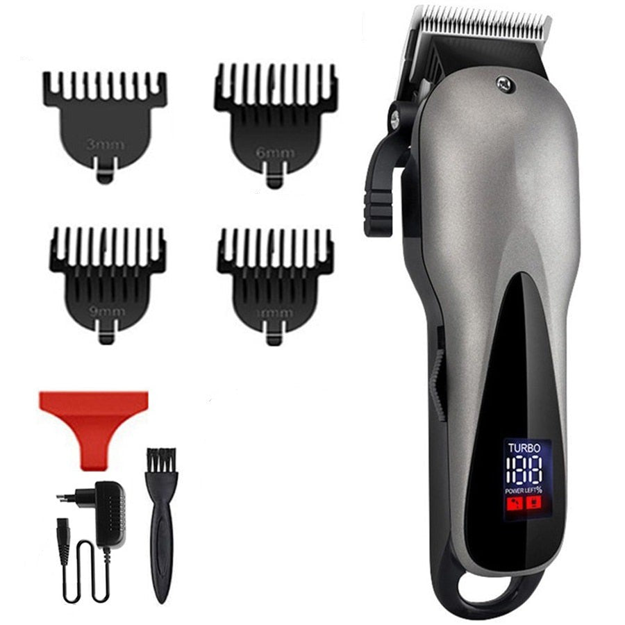 Professional Two Speed Electric Hair Trimmer with carbon steel blade and digital display, ideal for precise grooming.