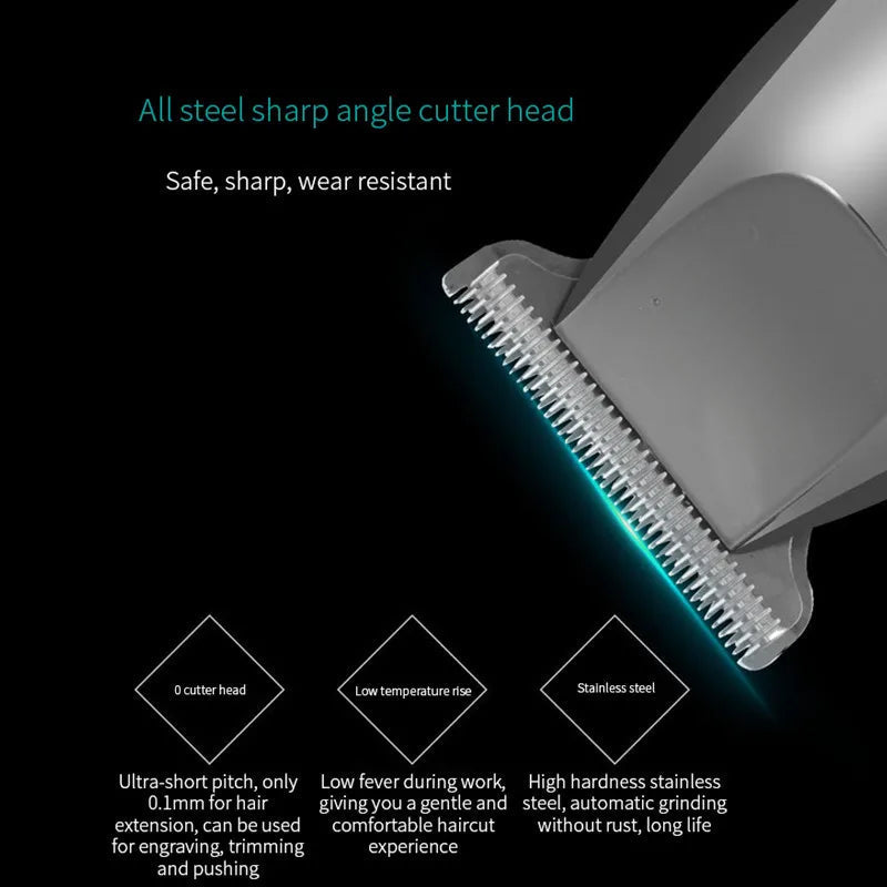 Professional Waterproof Hair Trimmer with stainless steel blades and limit combs, designed for men's grooming.