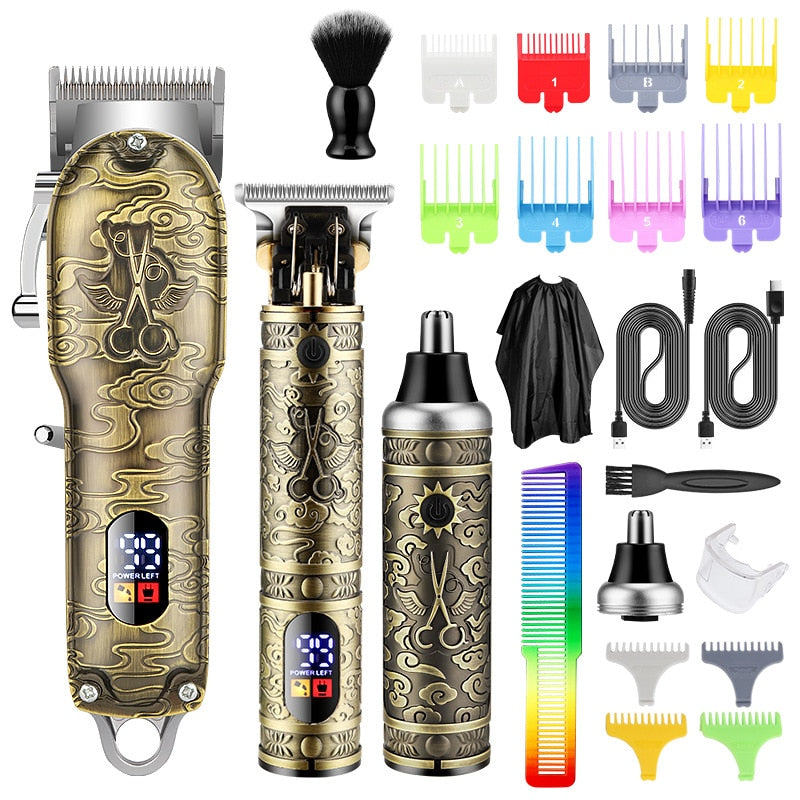 Push and Shear Barber Set featuring electric carving razor clipper, nose hair shaver, and various limit combs in a sleek design.