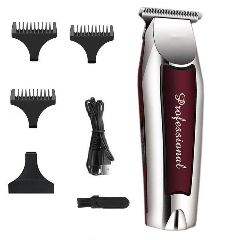 Rechargeable cordless hair trimmer with titanium blade and guide combs, ideal for beard and hair grooming.