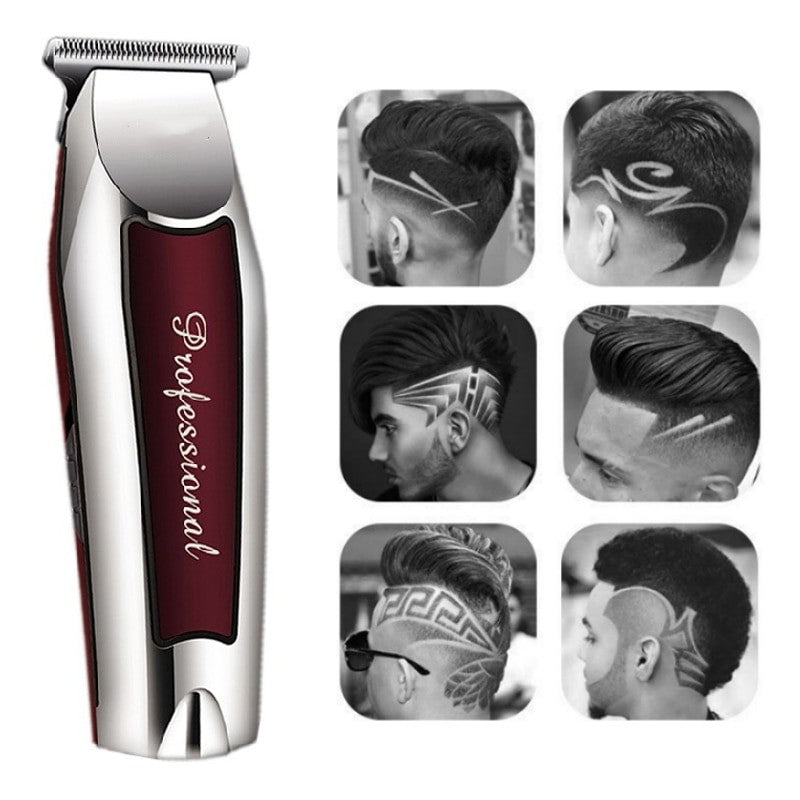 Rechargeable cordless hair trimmer with titanium blade and guide combs, ideal for beard and hair grooming.