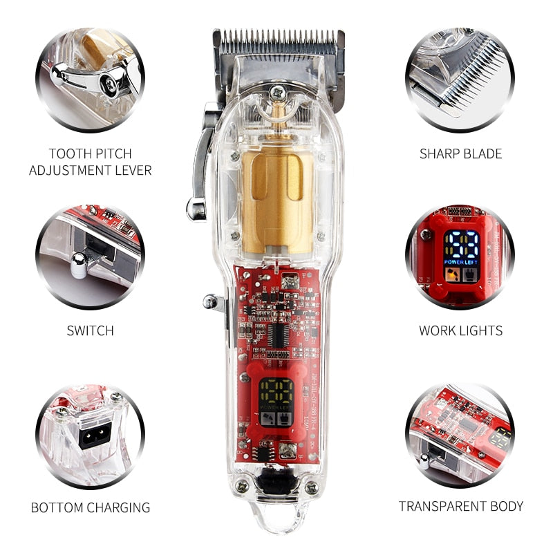 Rechargeable Electric Hair Clipper for men with various grooming accessories including limit combs and a shaver.