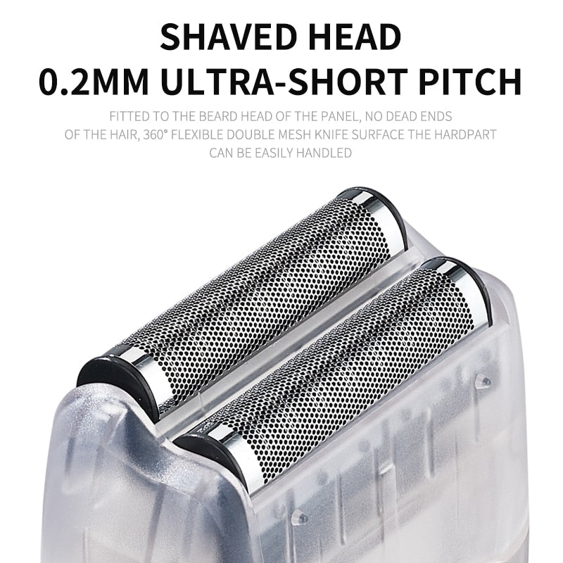 Rechargeable Electric Hair Clipper for men with various grooming accessories including limit combs and a shaver.