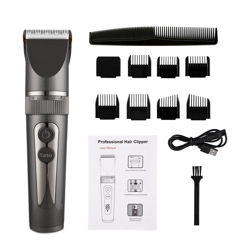 Rechargeable Electric Hair Clippers for men and kids, showcasing a sleek design with adjustable settings and waterproof features.