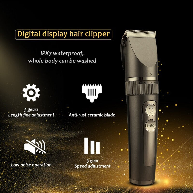 Rechargeable Electric Hair Clippers for men and kids, showcasing a sleek design with adjustable settings and waterproof features.