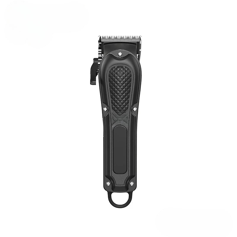 Rechargeable hair clipper with stainless steel blades and adjustable settings, designed for men, featuring a sleek black design and USB charging capability.