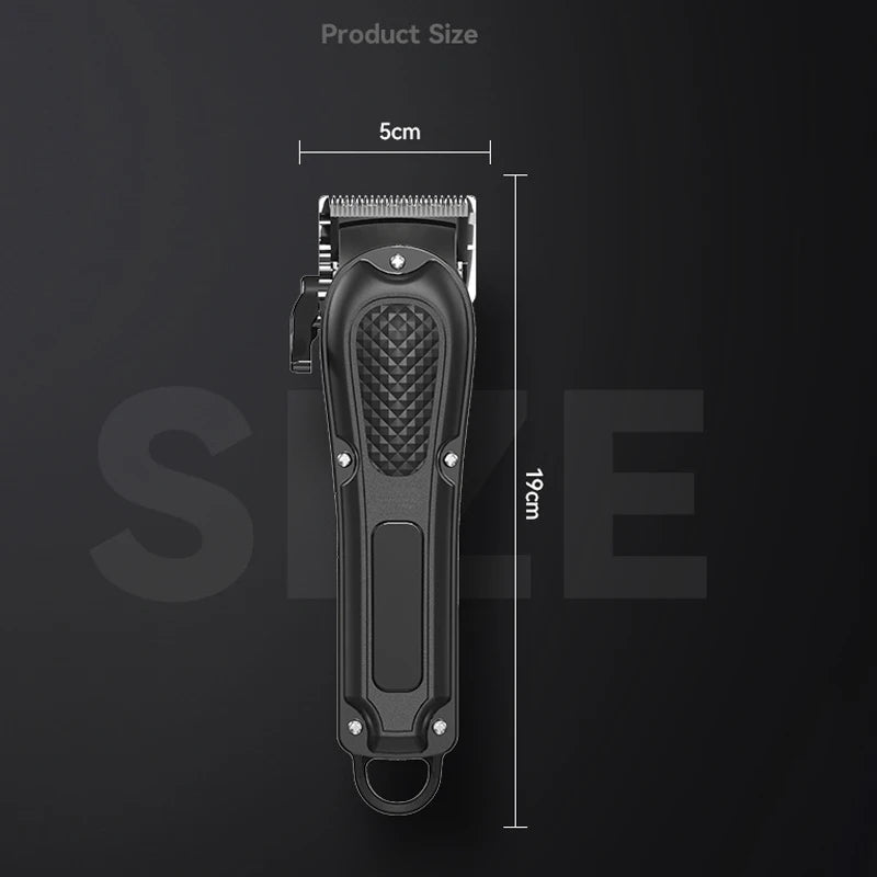 Rechargeable hair clipper with stainless steel blades and adjustable settings, designed for men, featuring a sleek black design and USB charging capability.