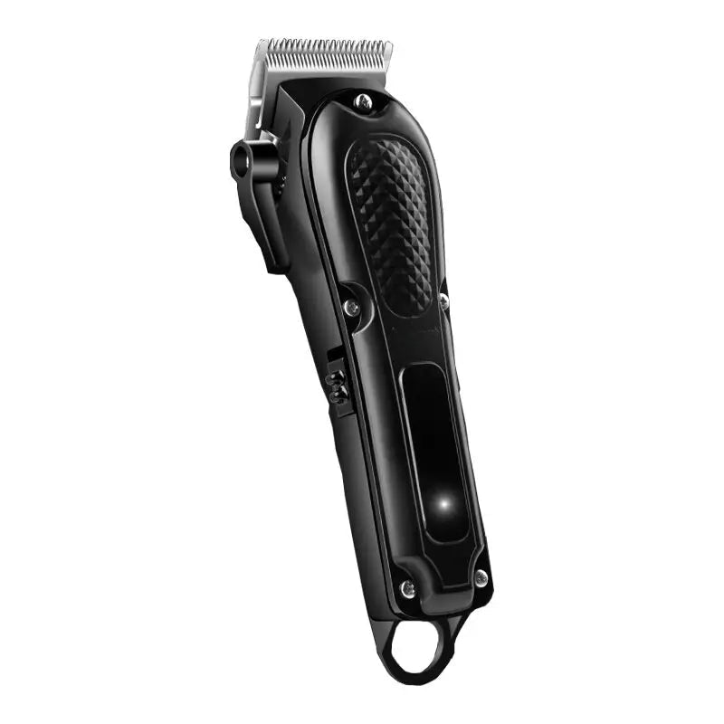 Rechargeable hair clipper with stainless steel blades and adjustable settings, designed for men, featuring a sleek black design and USB charging capability.