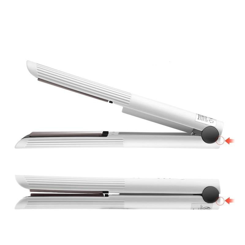 Rechargeable cordless hair straightener and curler with ceramic heating, designed for travel and home use, featuring a sleek and compact design.