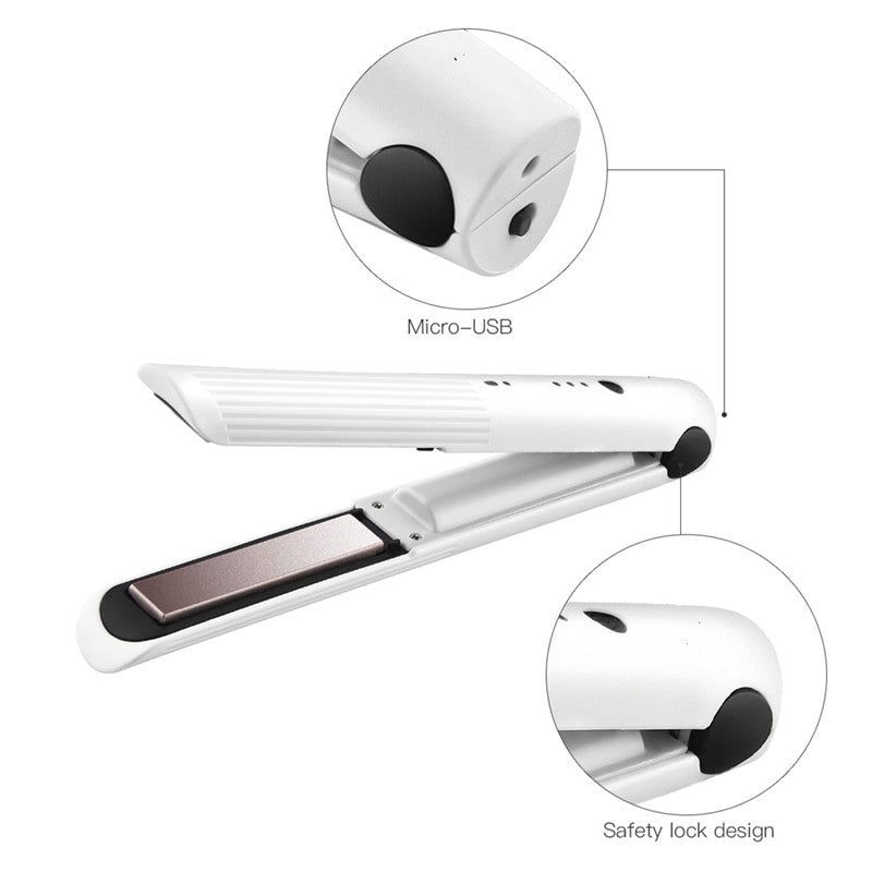 Rechargeable cordless hair straightener and curler with ceramic heating, designed for travel and home use, featuring a sleek and compact design.