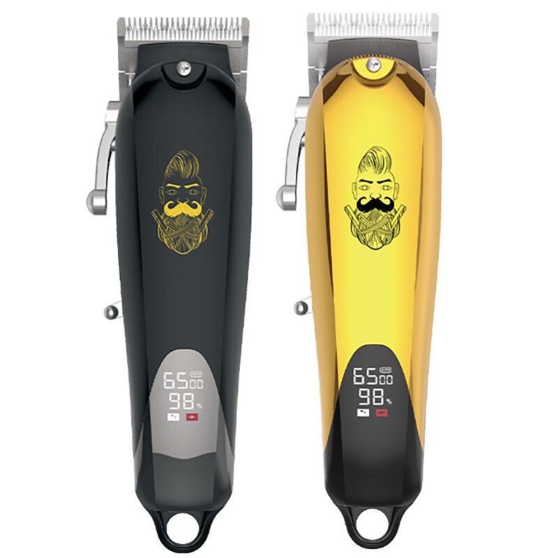 Rechargeable hair trimmer clippers with stainless steel blades and LCD display, designed for baldhead shaving and grooming.