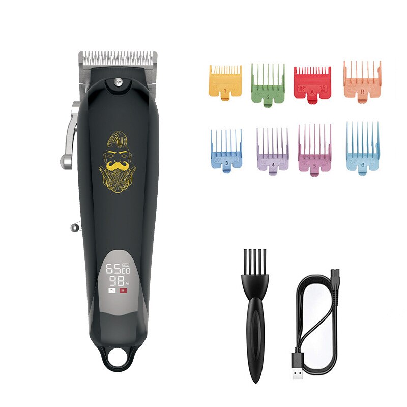 Rechargeable hair trimmer clippers with stainless steel blades and LCD display, designed for baldhead shaving and grooming.