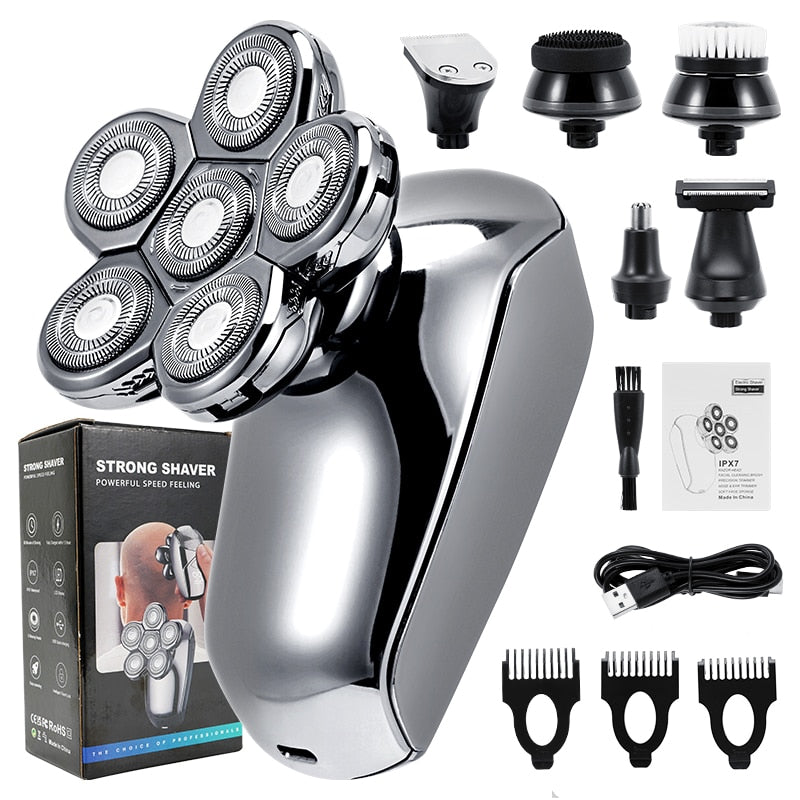 Rechargeable Powerful Beard Hair Electric Shaver for Men with ergonomic design and multiple attachments for versatile grooming.