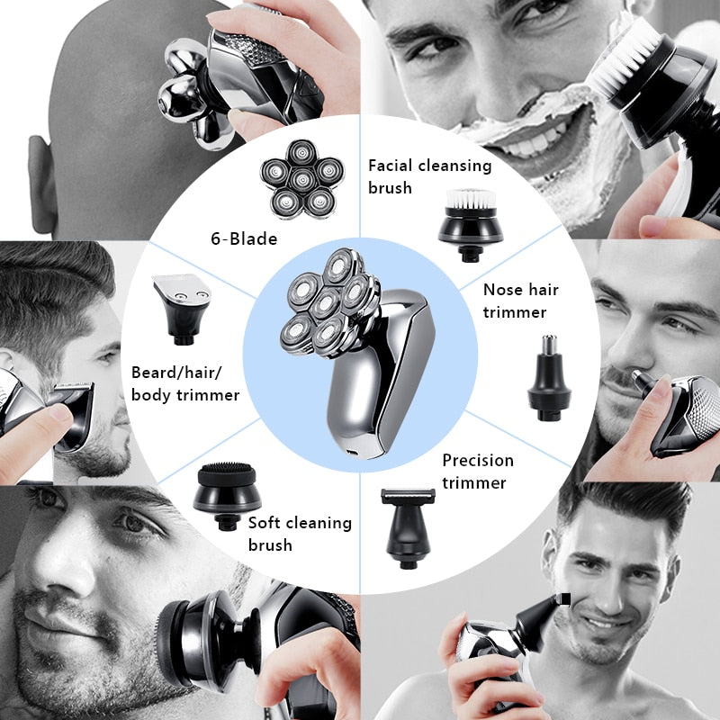 Rechargeable Powerful Beard Hair Electric Shaver for Men with ergonomic design and multiple attachments for versatile grooming.