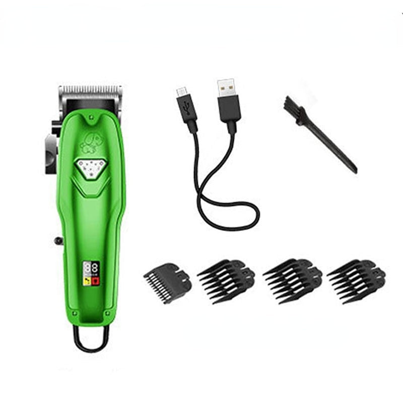 Rechargeable Professional Dog Hair Trimmer in green color with limit combs and accessories for pet grooming.