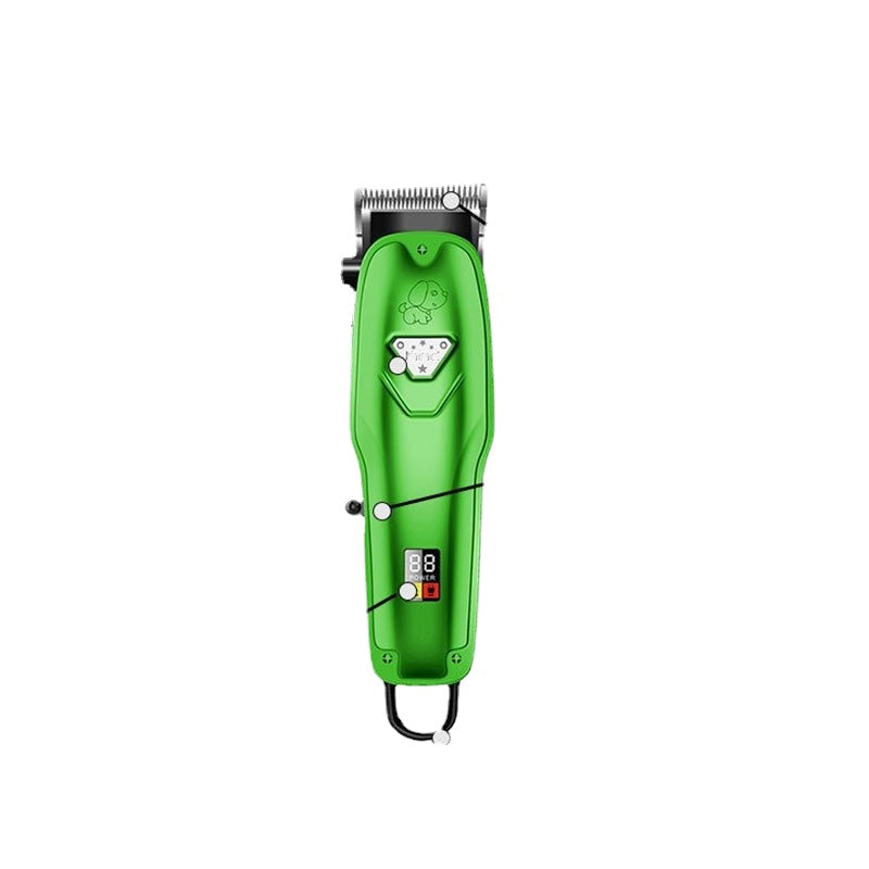 Rechargeable Professional Dog Hair Trimmer in green color with limit combs and accessories for pet grooming.