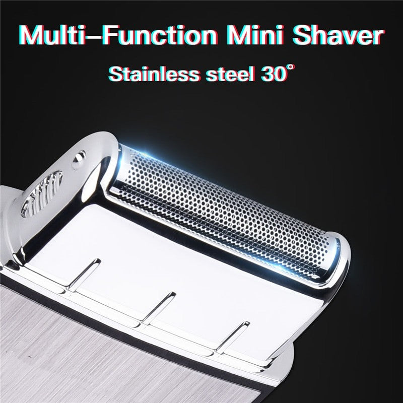 Reciprocating Single Blade Men's Electric Razor in silver and black, showcasing its sleek design and compact size, ideal for travel.