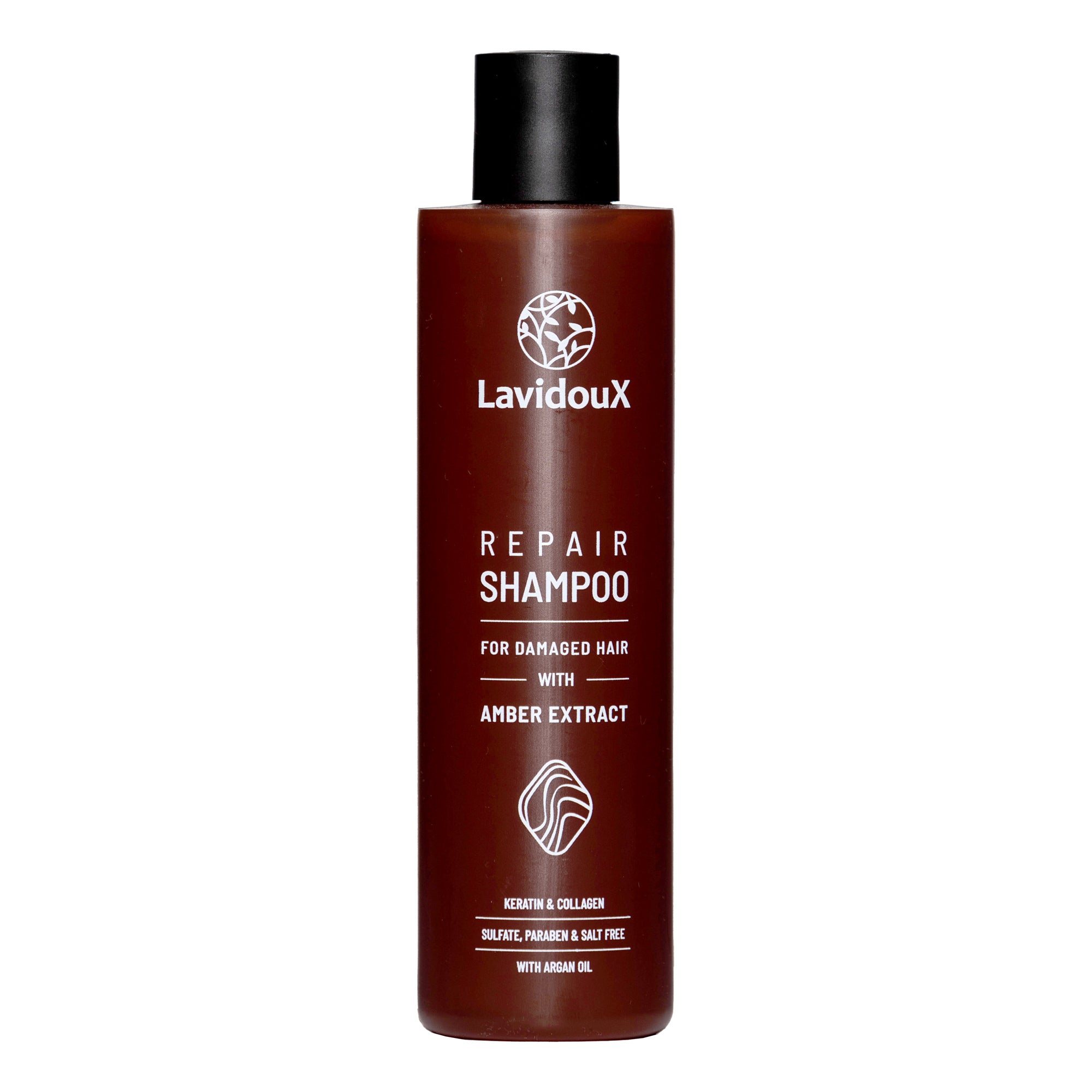 Bottle of Hair Repair Shampoo with Amber Extract and Argan Oil, designed for damaged hair, 250 ml.