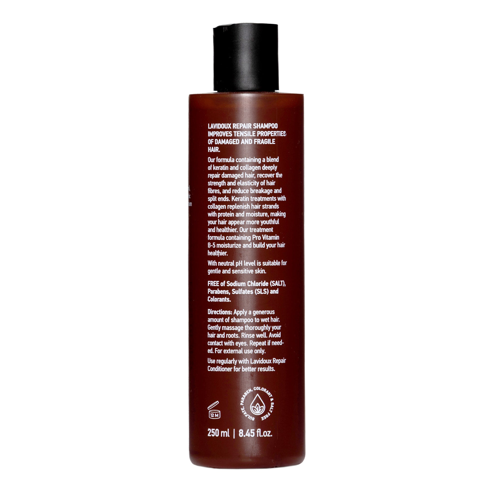 Bottle of Hair Repair Shampoo with Amber Extract and Argan Oil, designed for damaged hair, 250 ml.