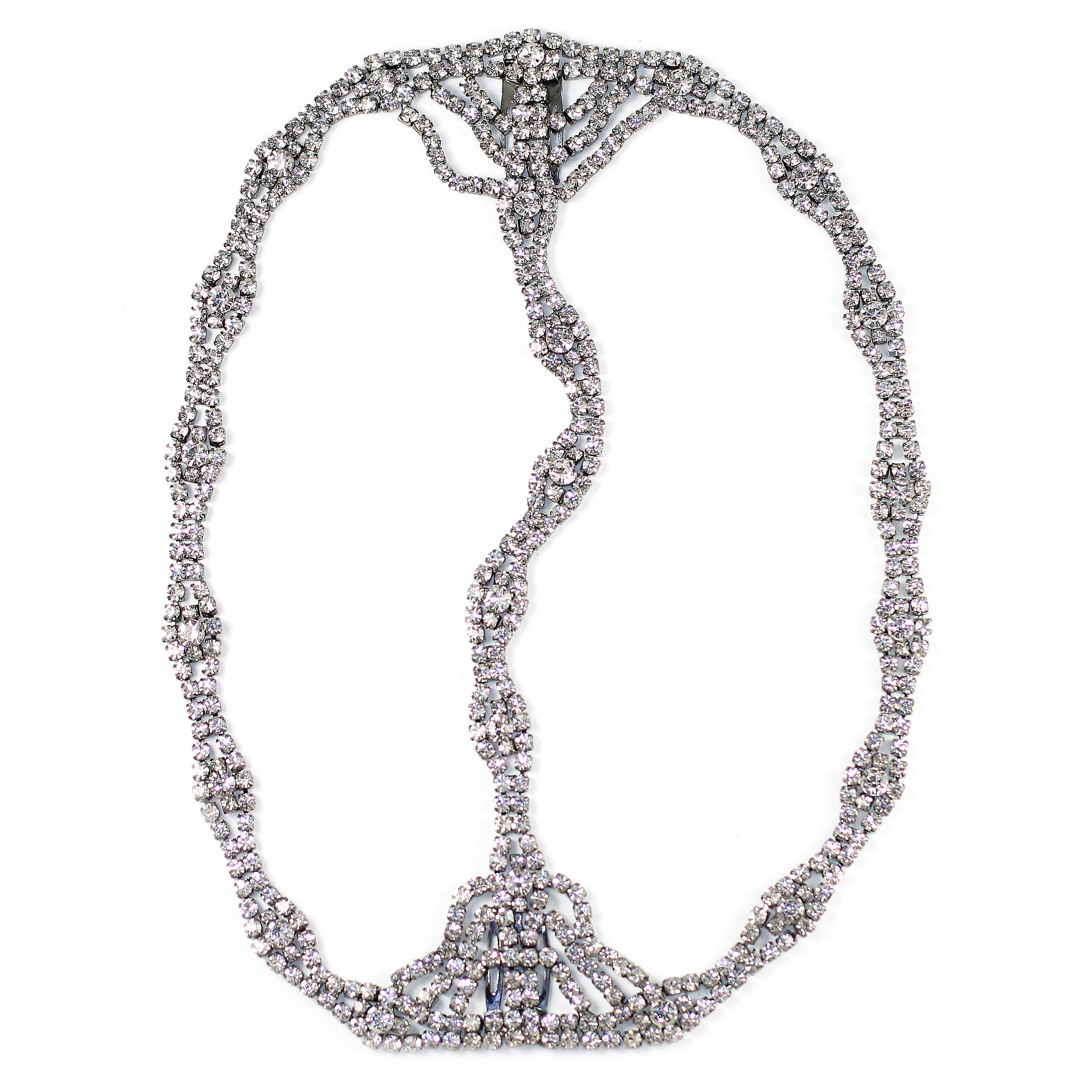 Rhinestone Cleo Headpiece featuring sparkling glass crystals in a deco style setting, designed for comfort and secure fit.