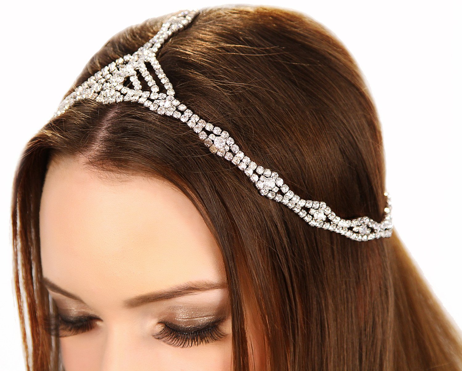 Rhinestone Cleo Headpiece featuring sparkling glass crystals in a deco style setting, designed for comfort and secure fit.