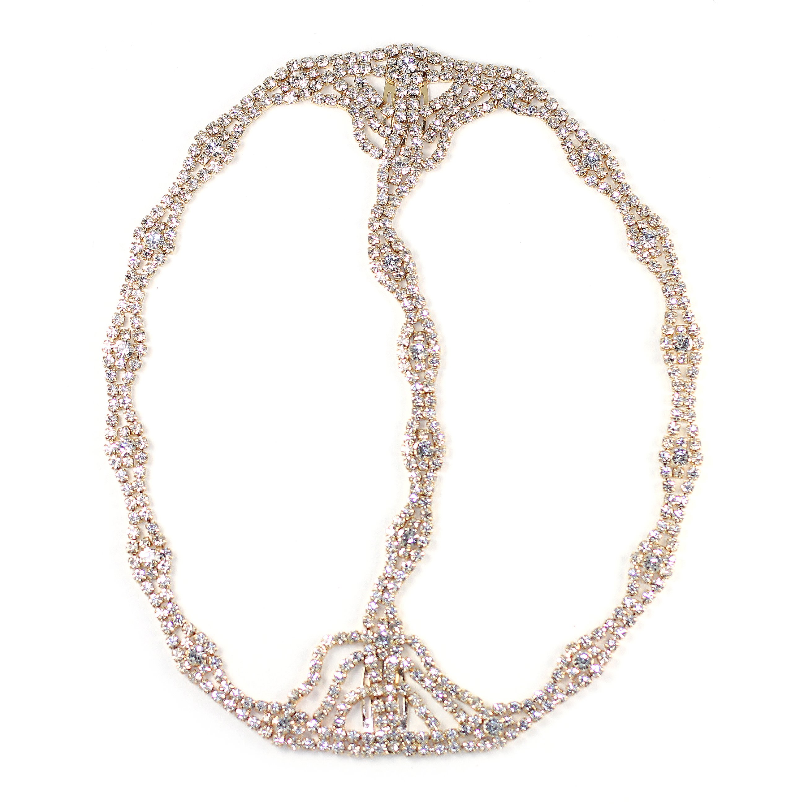 Rhinestone Cleo Headpiece featuring sparkling glass crystals in a deco style setting, designed for comfort and secure fit.