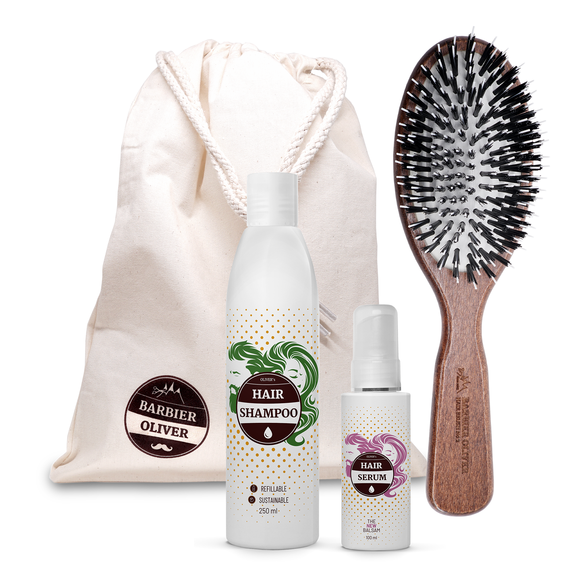 Set per capelli crespi con shampoo, siero e strumenti per styling, ideale per capelli lisci e morbidi.