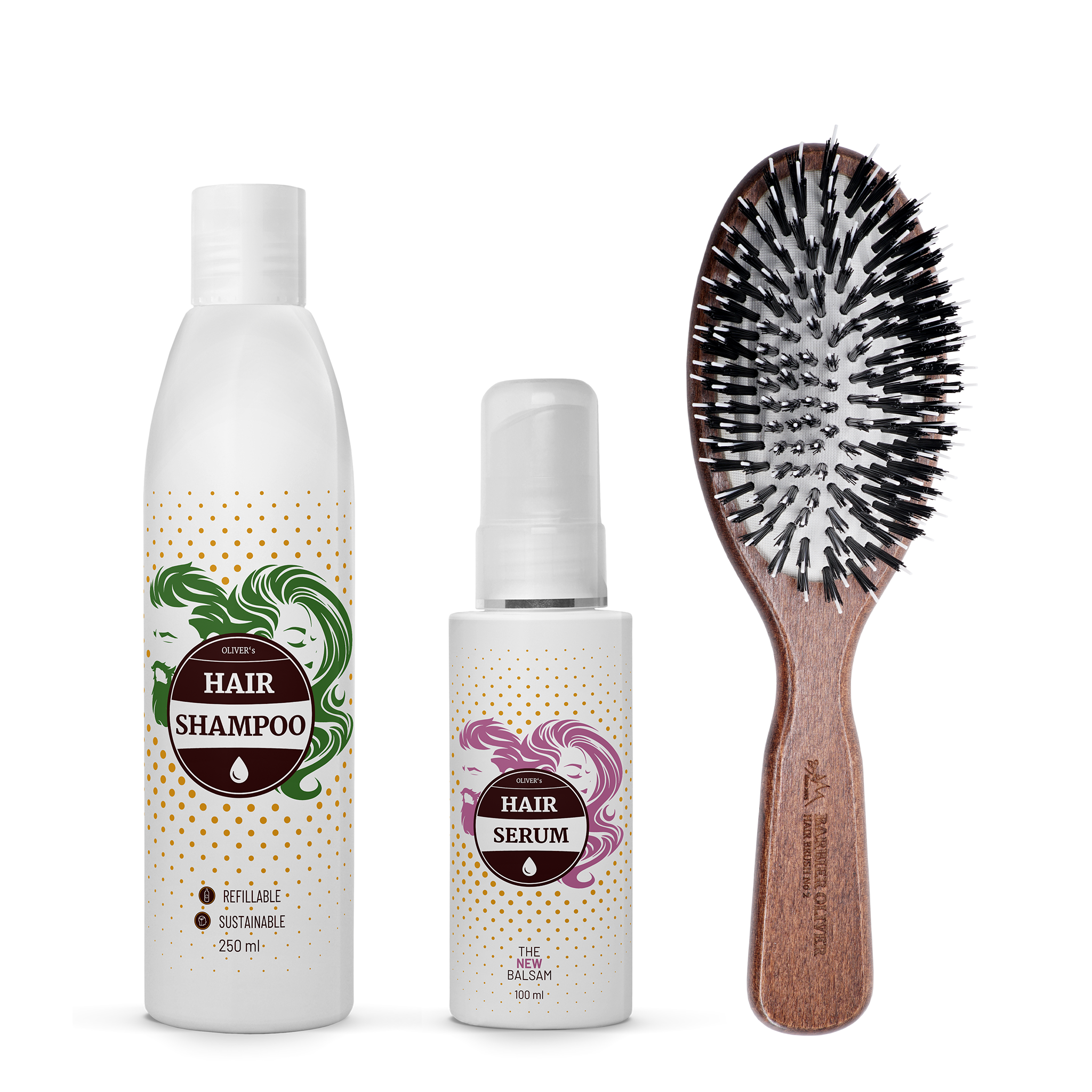 Set per capelli crespi con shampoo, siero e strumenti per styling, ideale per capelli lisci e morbidi.