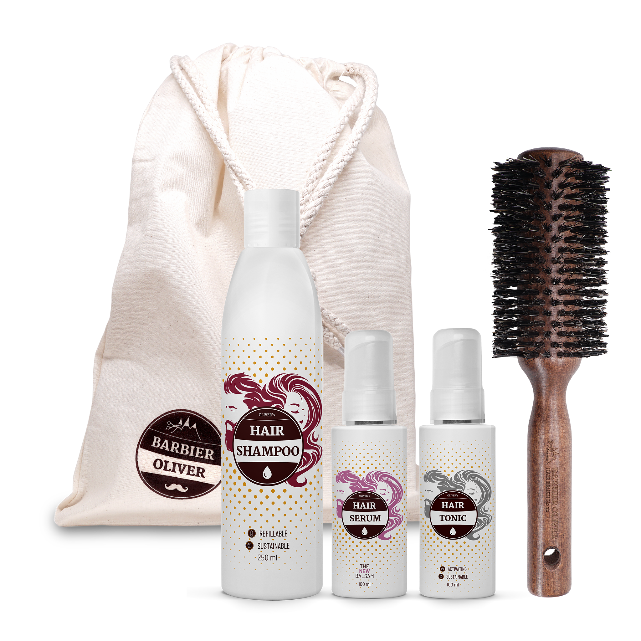 Set per capelli sottili e deboli, composto da shampoo, siero, tonico e spazzola, per una cura completa.