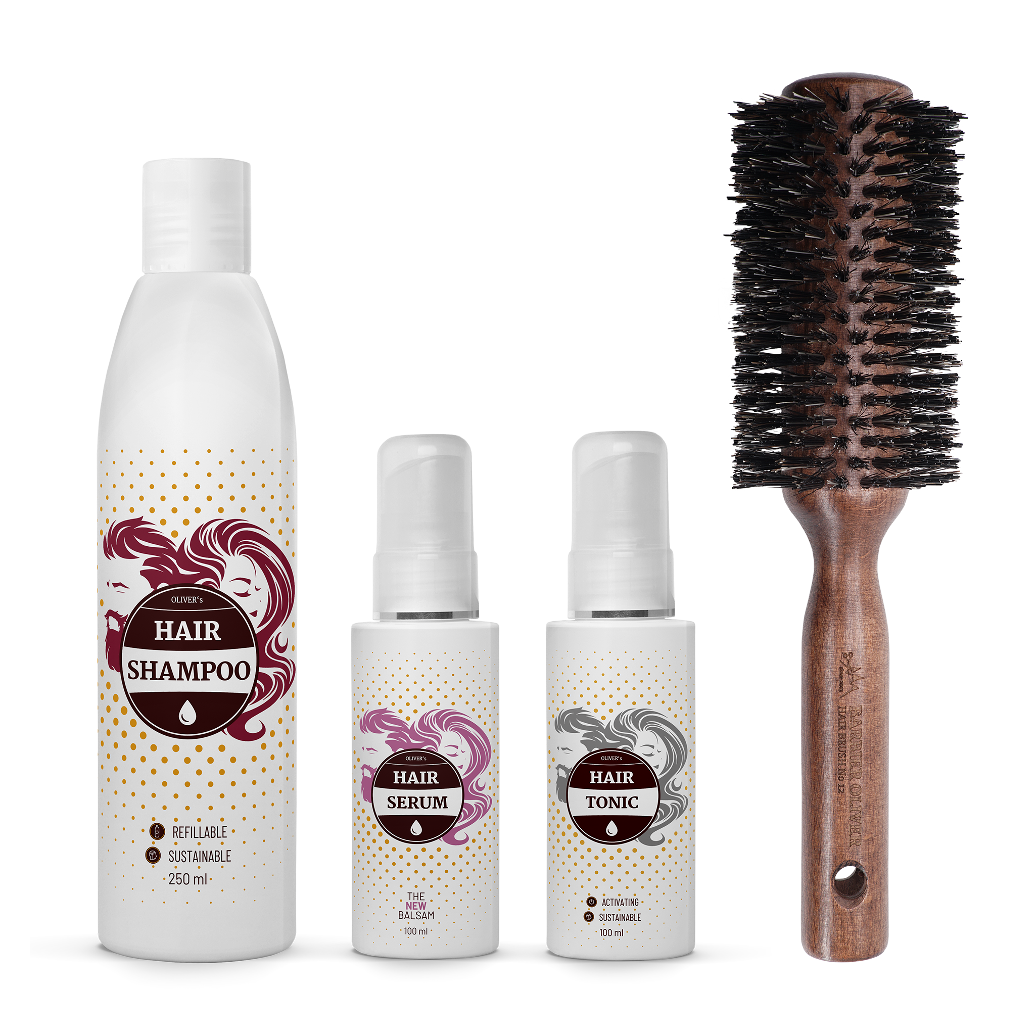 Set per capelli sottili e deboli, composto da shampoo, siero, tonico e spazzola, per una cura completa.